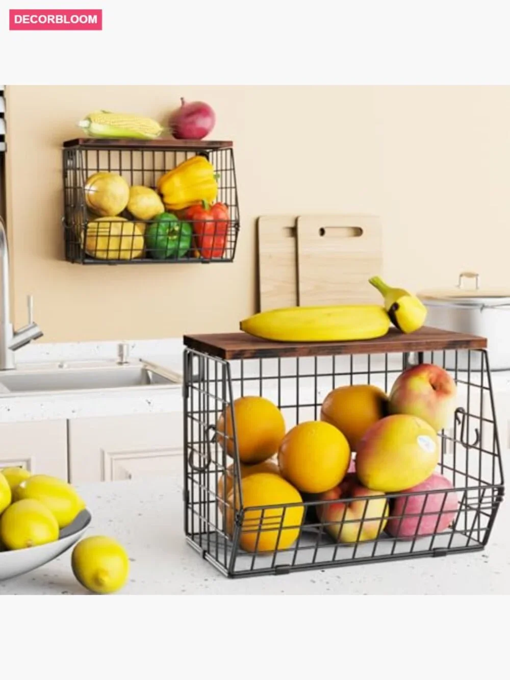 2-Pack Stackable Fruit Basket with Wood Lid, 11.8 x 7.9 x 8.5 In, Metal Wire